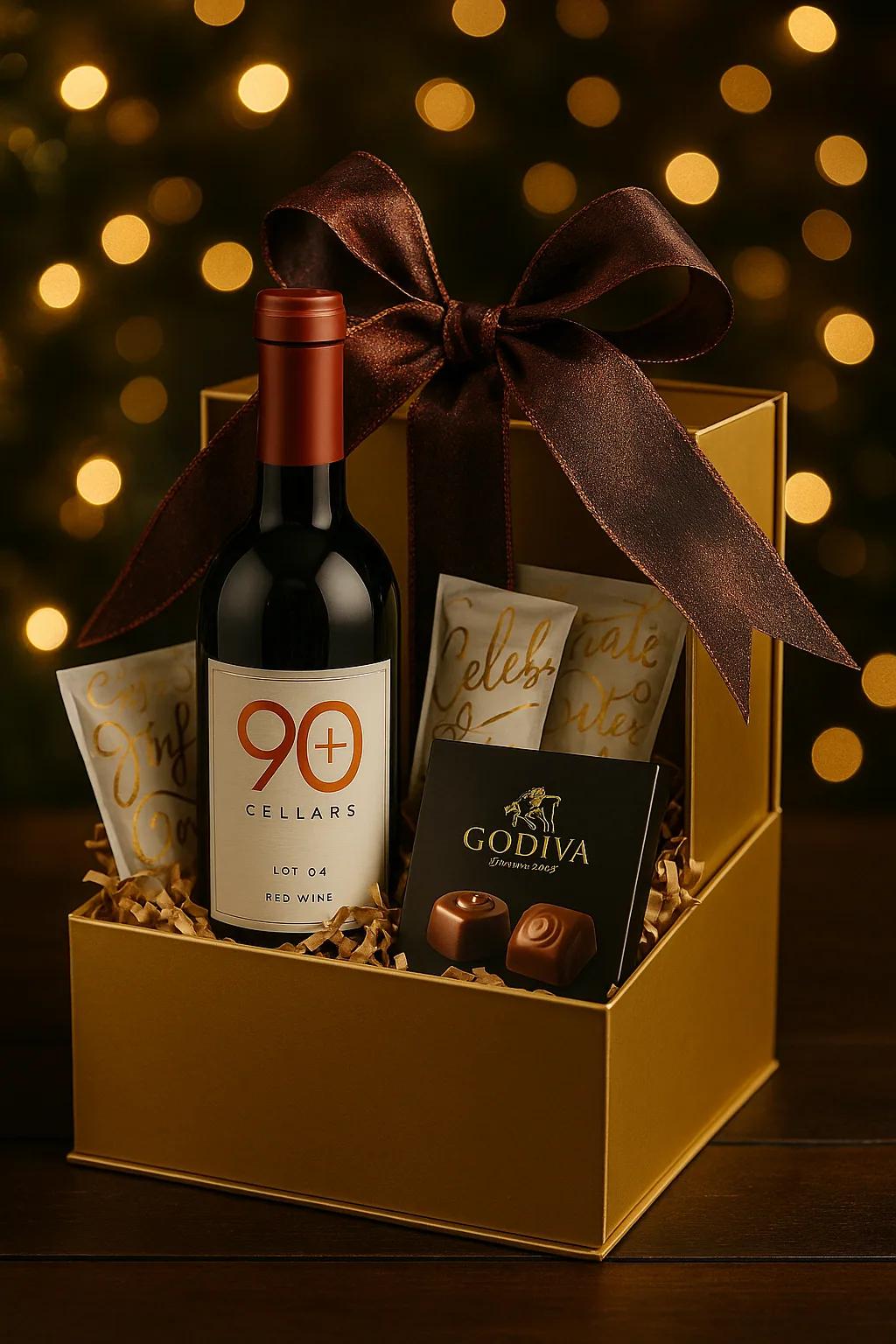 Gold gift box with wine and Godiva