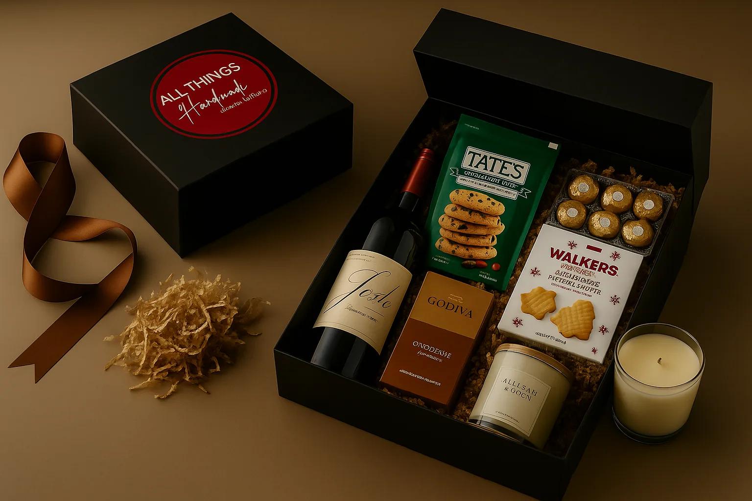 A custom Malgen box with wine, cookies and a candle